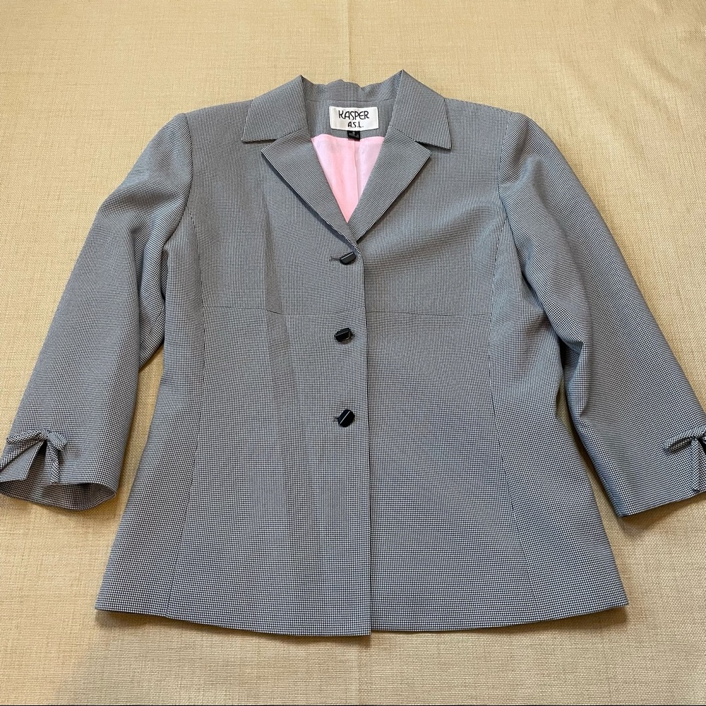 Kasper Houndstooth 3/4 Sleeve Collar 3 Button Blazer